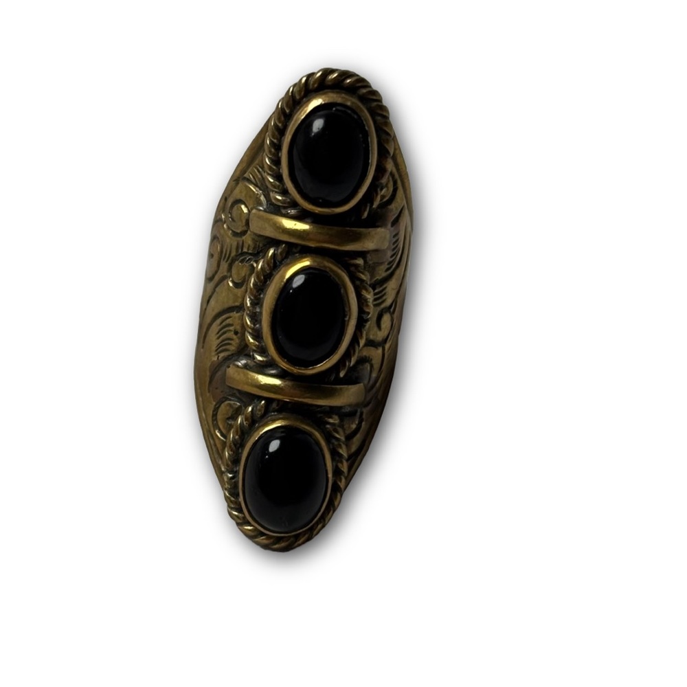 Brass Ring with Triple Black Onyx Cabochons